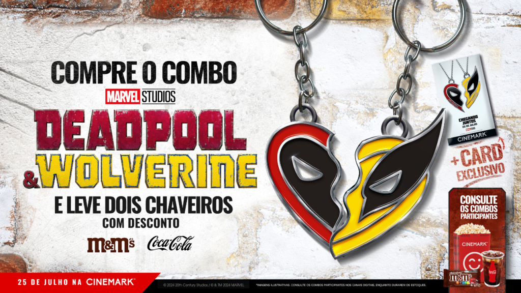 Cinemark comemora o mês do Orgulho Nerd com combos exclusivos do Universo Marvel
Deadpool e Wolverine chaveiros
