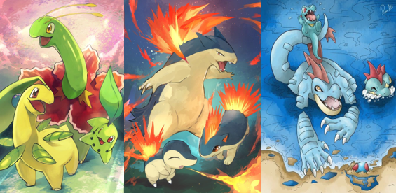 Pokémon
 Chikorita → Bayleef → Meganium

Cyndaquil → Quilava → Typhlosion

Totodile → Croconaw → Feraligatr