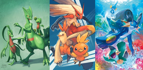 Treecko → Grovyle → Sceptile

Torchic → Combusken → Blaziken

Mudkip → Marshtomp → Swampert

Pokémon