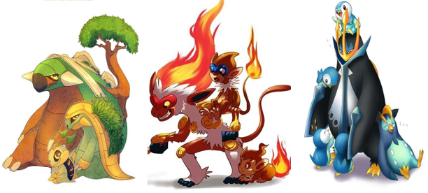 Turtwig → Grotle → Torterra

Chimchar → Monferno → Infernape

Piplup → Prinplup → Empoleon

Pokémon