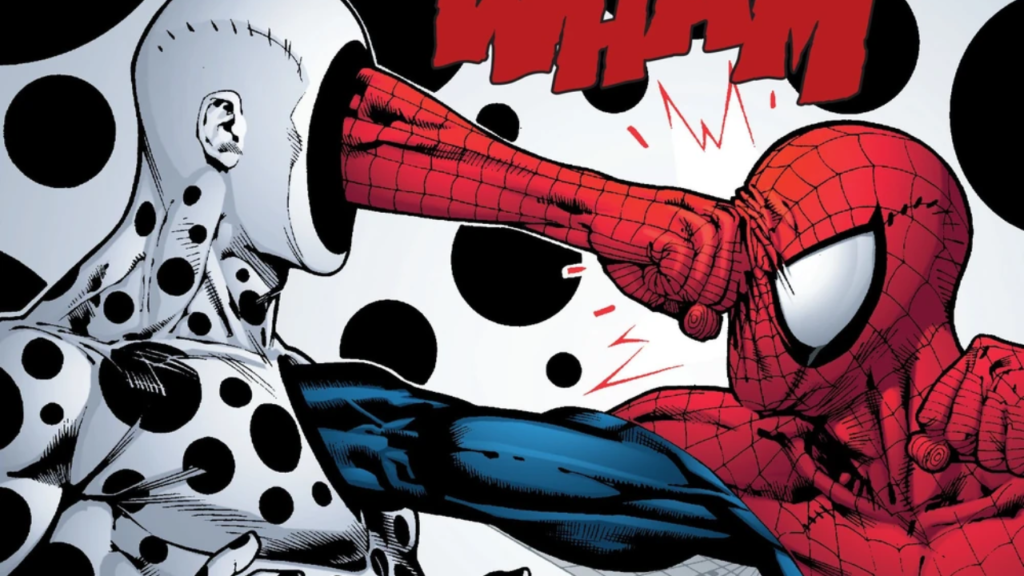 Mancha Spot enfrentando o Homem-Aranha Peter Spiderman Parker nos quadrinhos