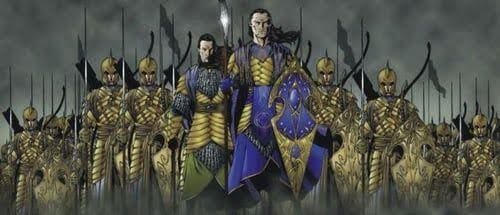 Gil-galad e Elrond, junto de seu exército Noldor na batalha da Última Aliança, no final da 2ª Era. elfos